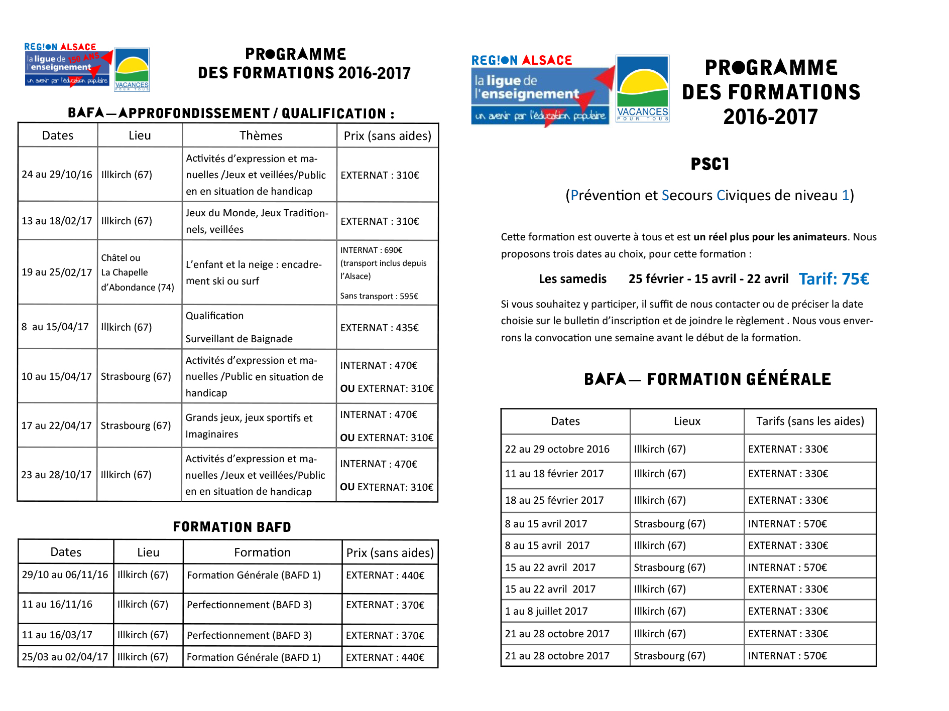 calendrier formations BAFA BAFD 2016 2017 ok
